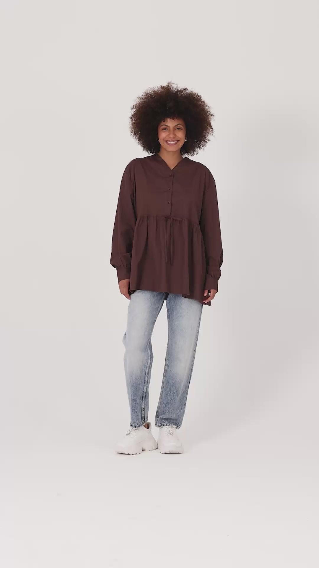 Beli Büzgü Detaylı Oversize Gömlek – Kahve