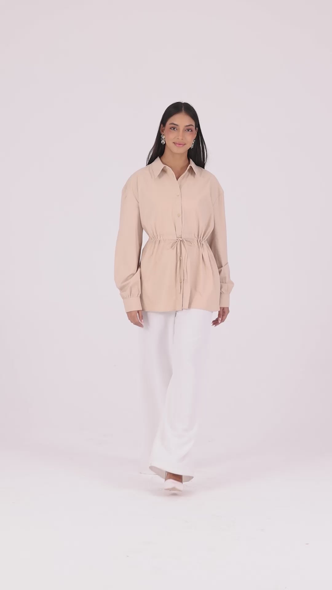 Beli Ayarlanabilir Büzgü Kemerli Kimono Gömlek – Açık Bej