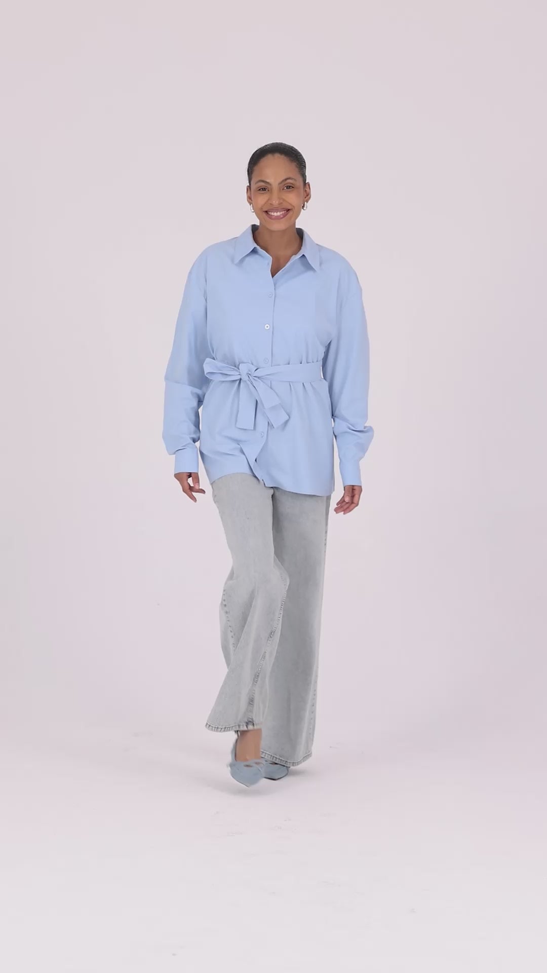 Kemerli Oversize Kimono Gömlek – Buz Mavisi