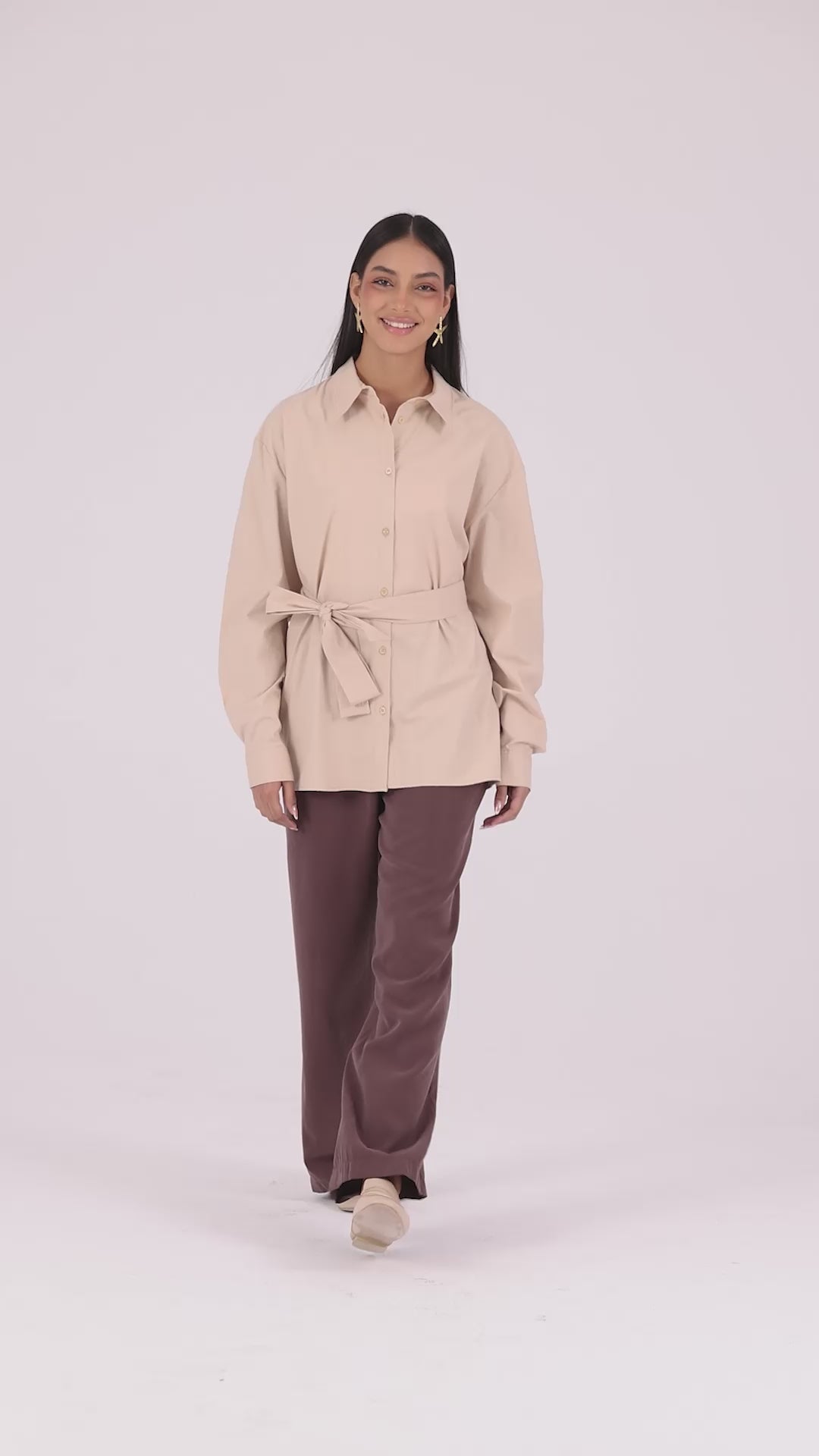 Kemerli Oversize Kimono Gömlek – Açık Bej