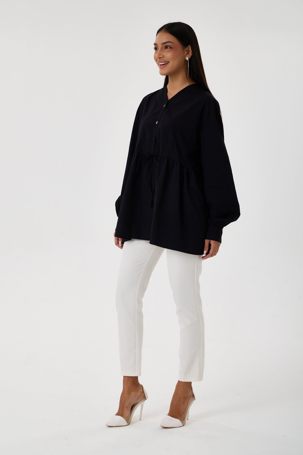 Beli Buzgü Detaylı Oversize Gömlek – Siyah