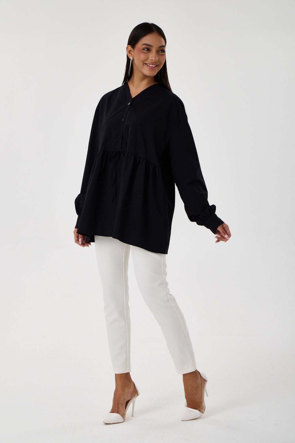 Beli Buzgü Detaylı Oversize Gömlek – Siyah