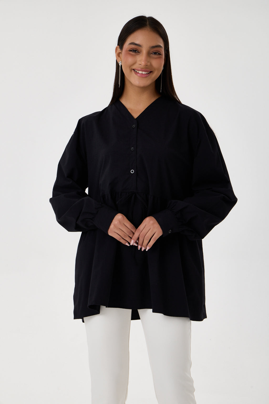 Beli Buzgü Detaylı Oversize Gömlek – Siyah
