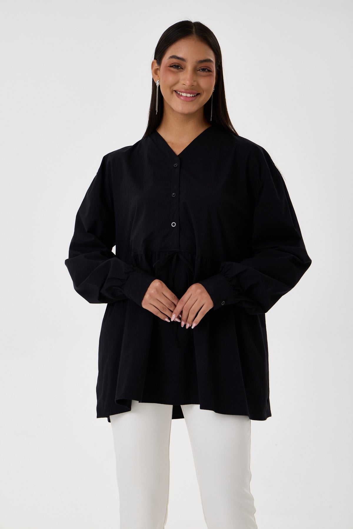 Beli Buzgü Detaylı Oversize Gömlek – Siyah