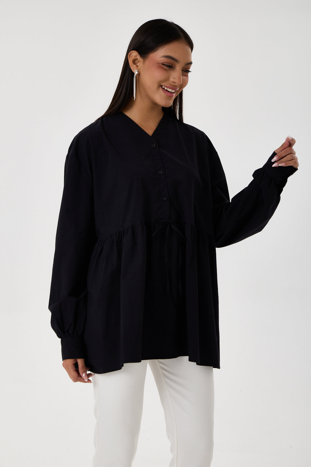 Beli Buzgü Detaylı Oversize Gömlek – Siyah