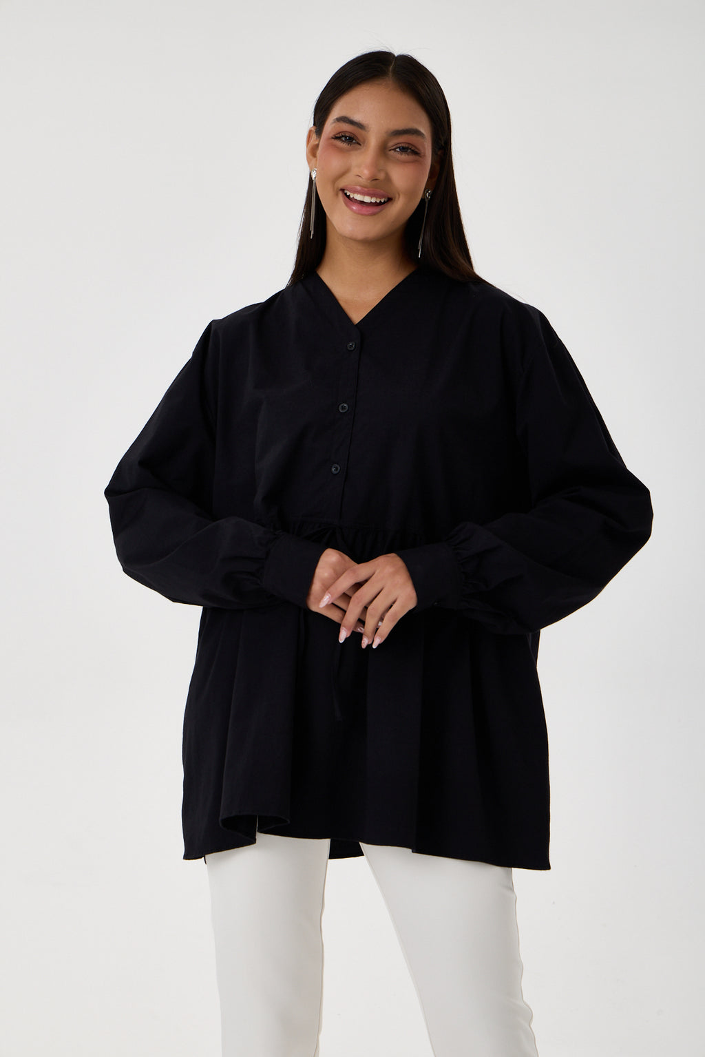 Beli Buzgü Detaylı Oversize Gömlek – Siyah