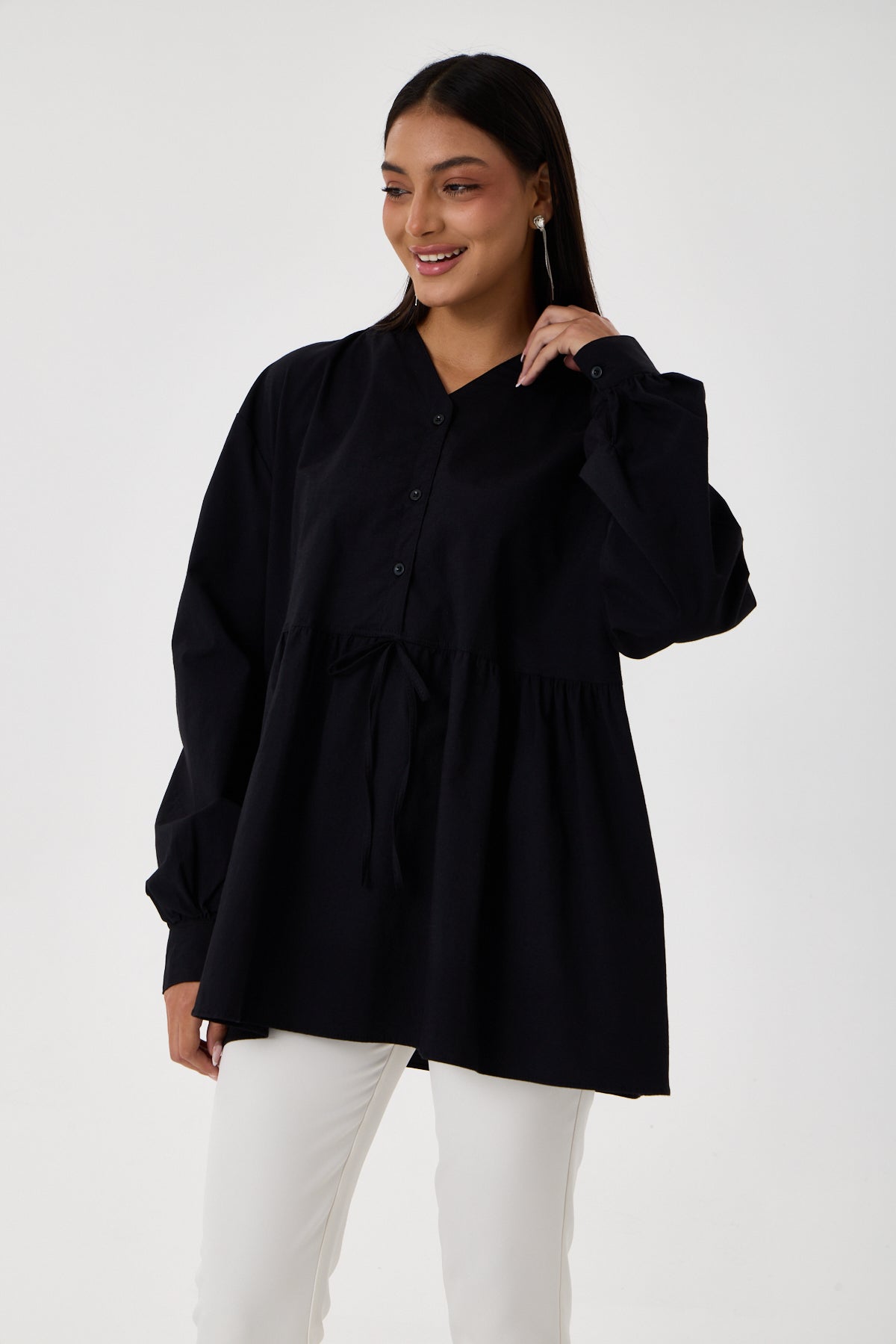 Beli Buzgü Detaylı Oversize Gömlek – Siyah