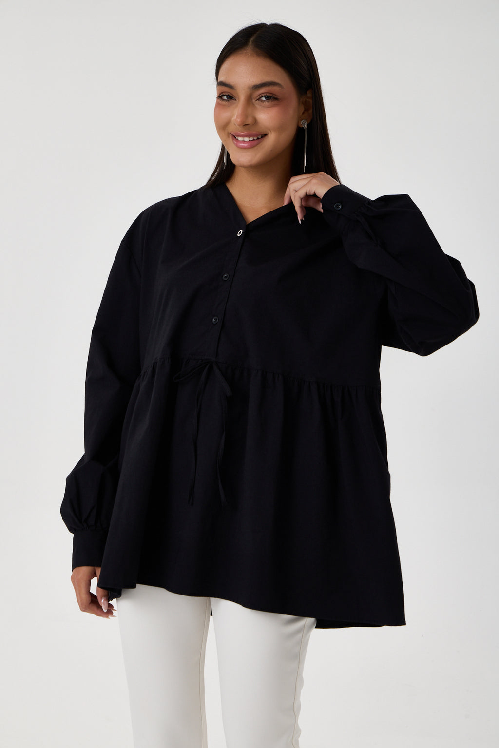 Beli Buzgü Detaylı Oversize Gömlek – Siyah