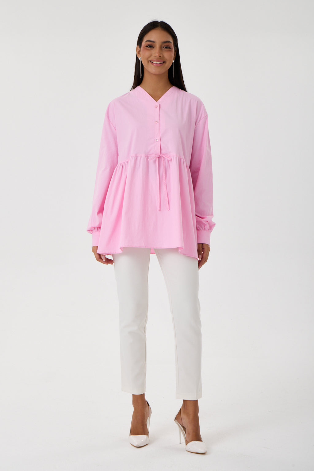 Beli Büzgü Detaylı Oversize Gömlek – Pembe