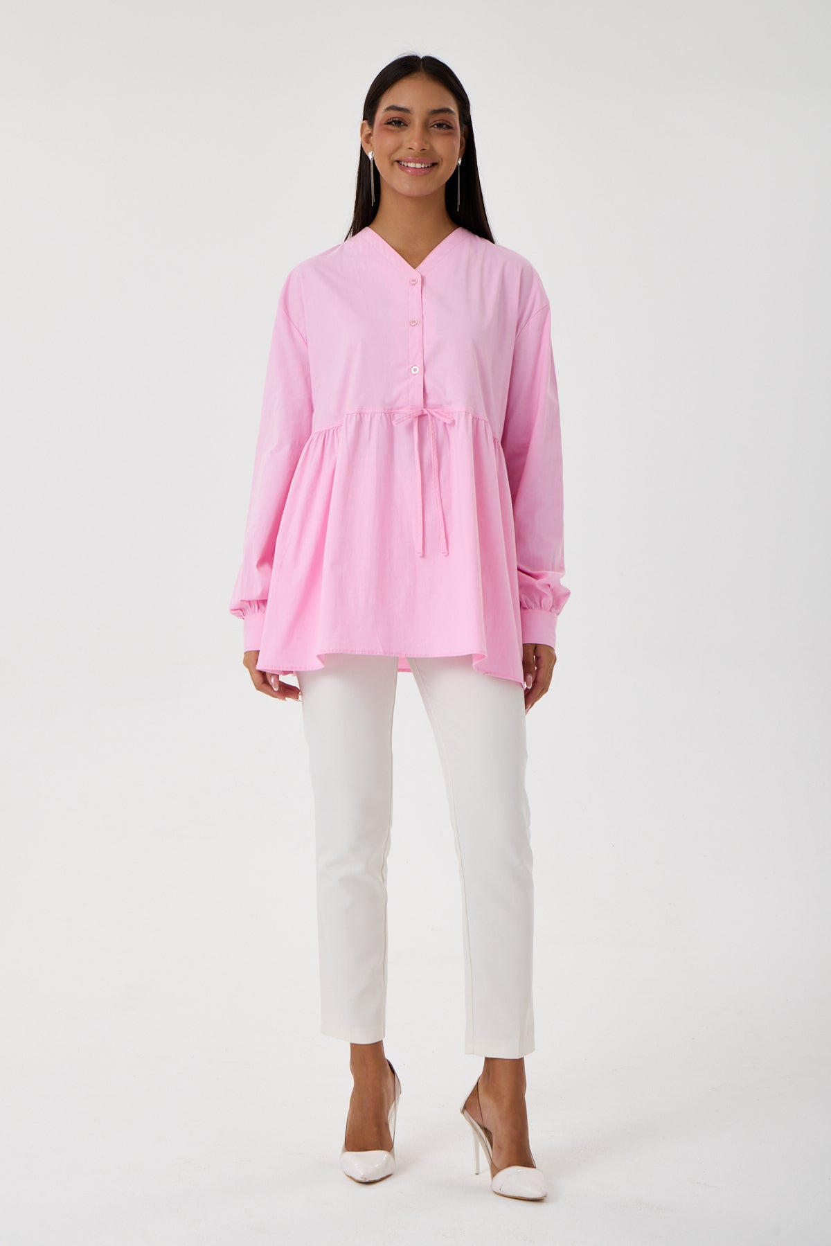 Beli Büzgü Detaylı Oversize Gömlek – Pembe