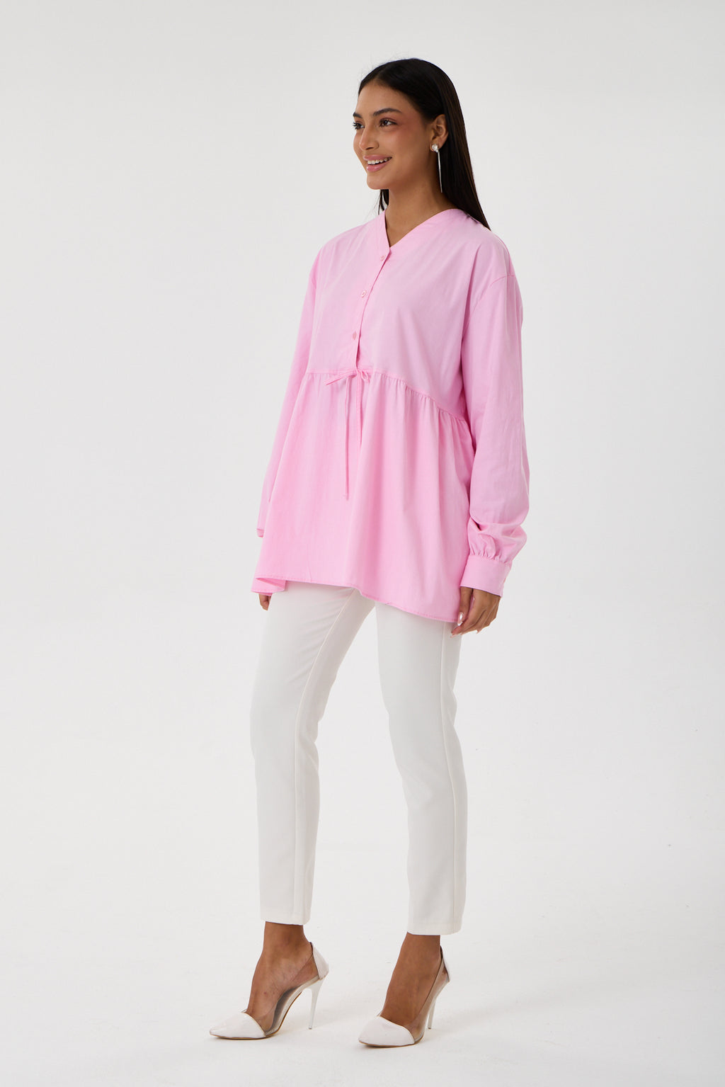 Beli Büzgü Detaylı Oversize Gömlek – Pembe