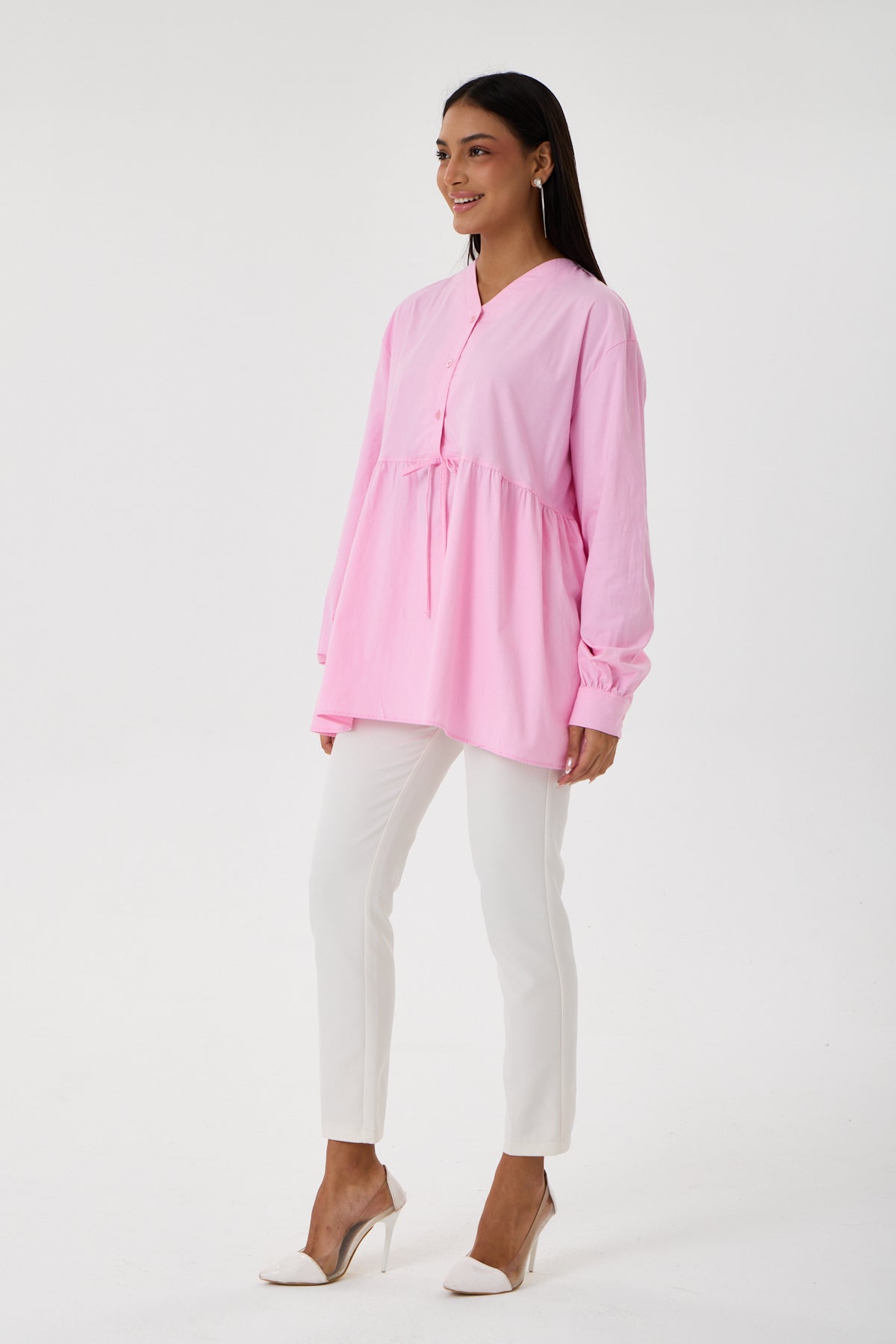 Beli Büzgü Detaylı Oversize Gömlek – Pembe