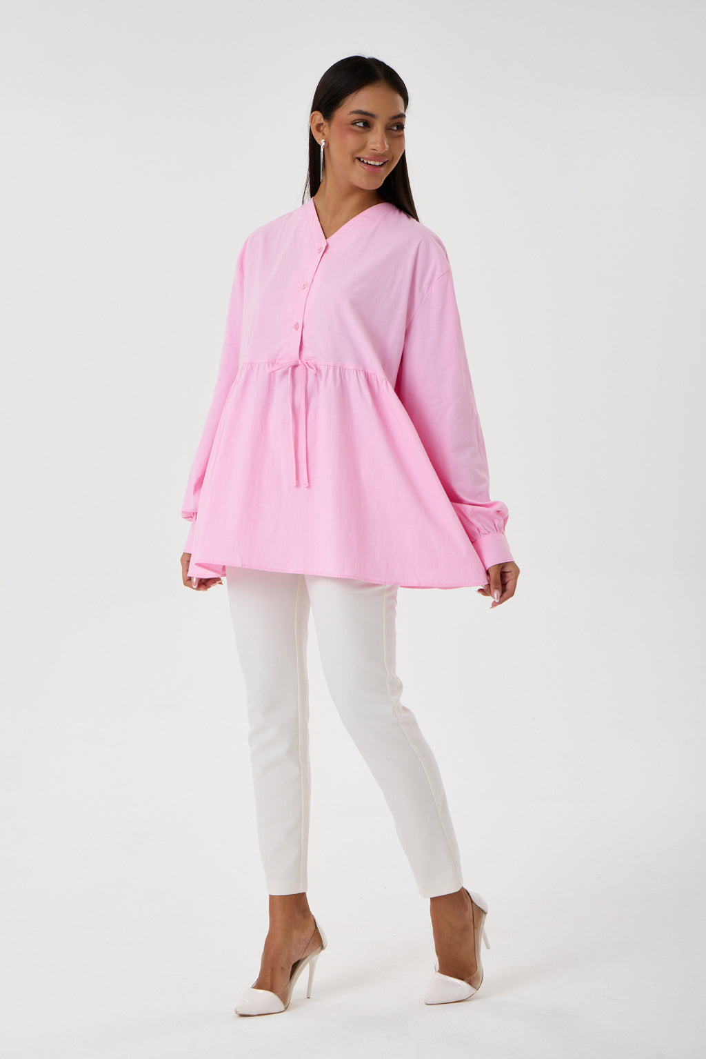 Beli Büzgü Detaylı Oversize Gömlek – Pembe