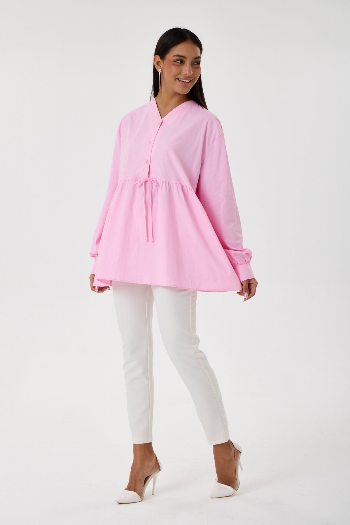 Beli Büzgü Detaylı Oversize Gömlek – Pembe