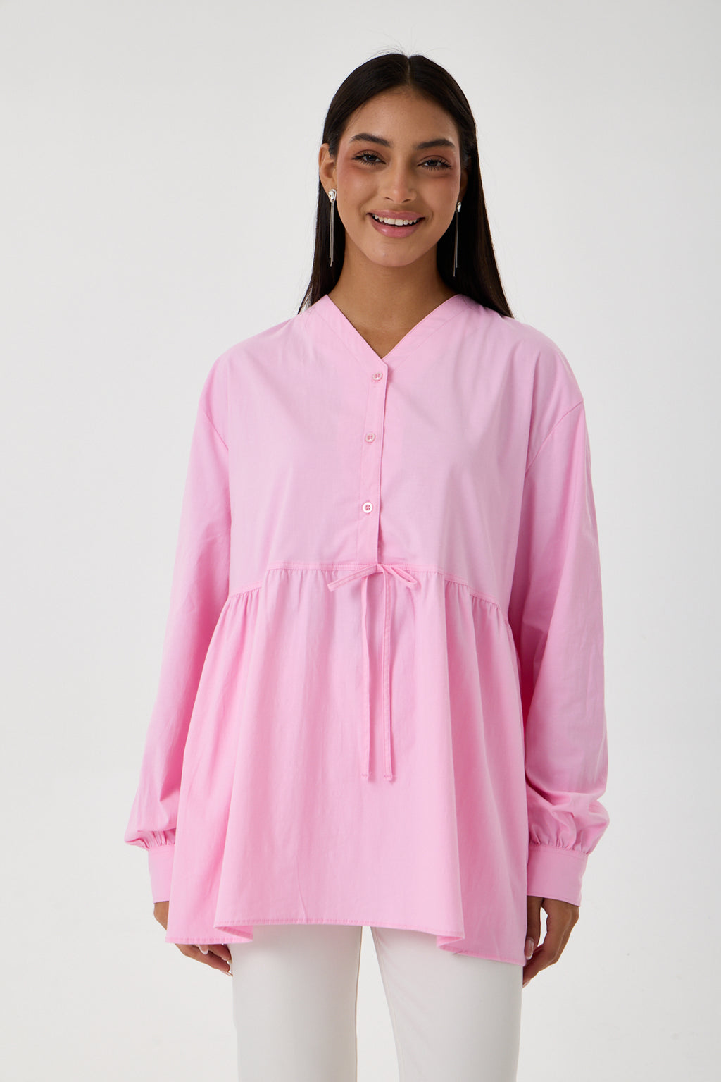 Beli Büzgü Detaylı Oversize Gömlek – Pembe