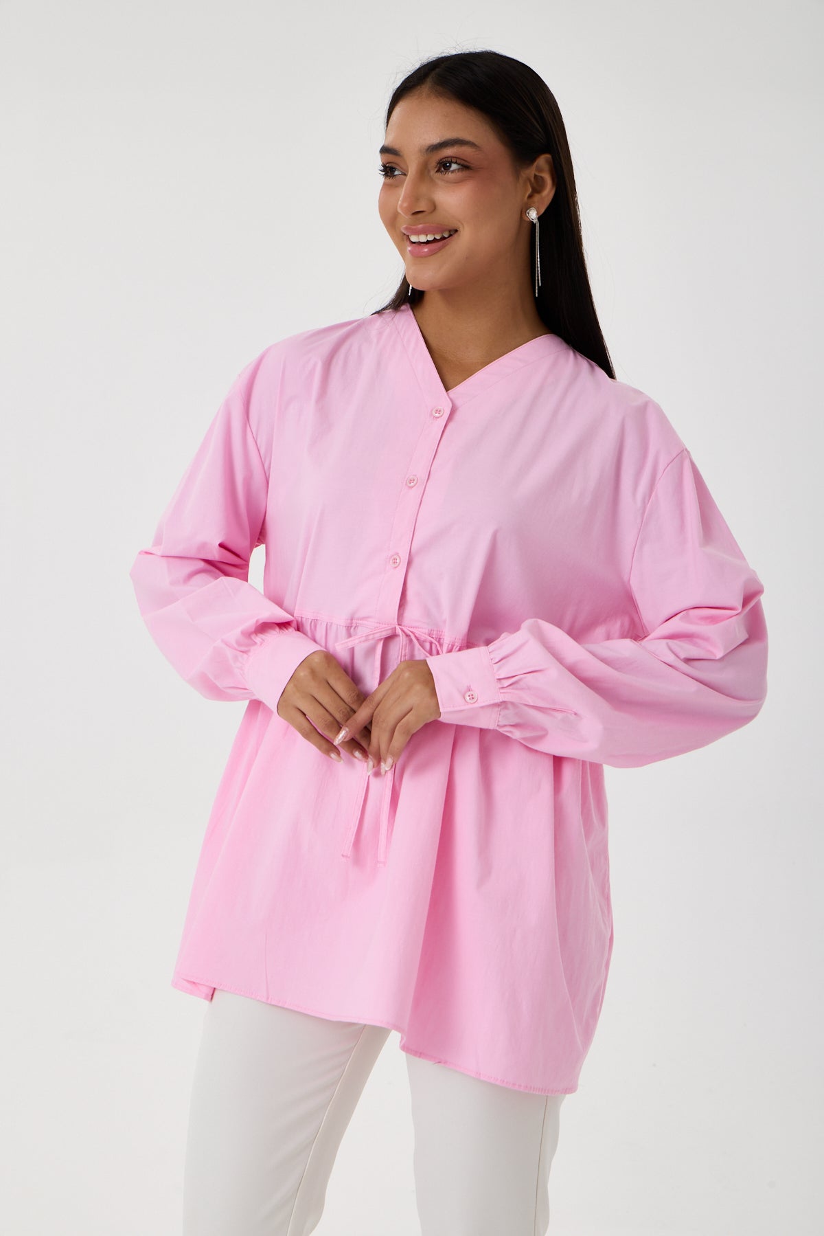 Beli Büzgü Detaylı Oversize Gömlek – Pembe
