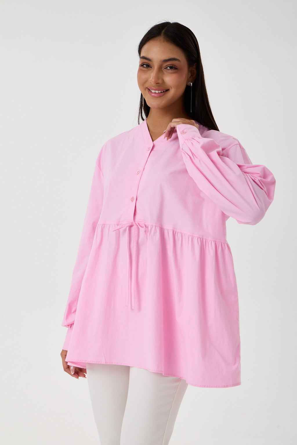 Beli Büzgü Detaylı Oversize Gömlek – Pembe