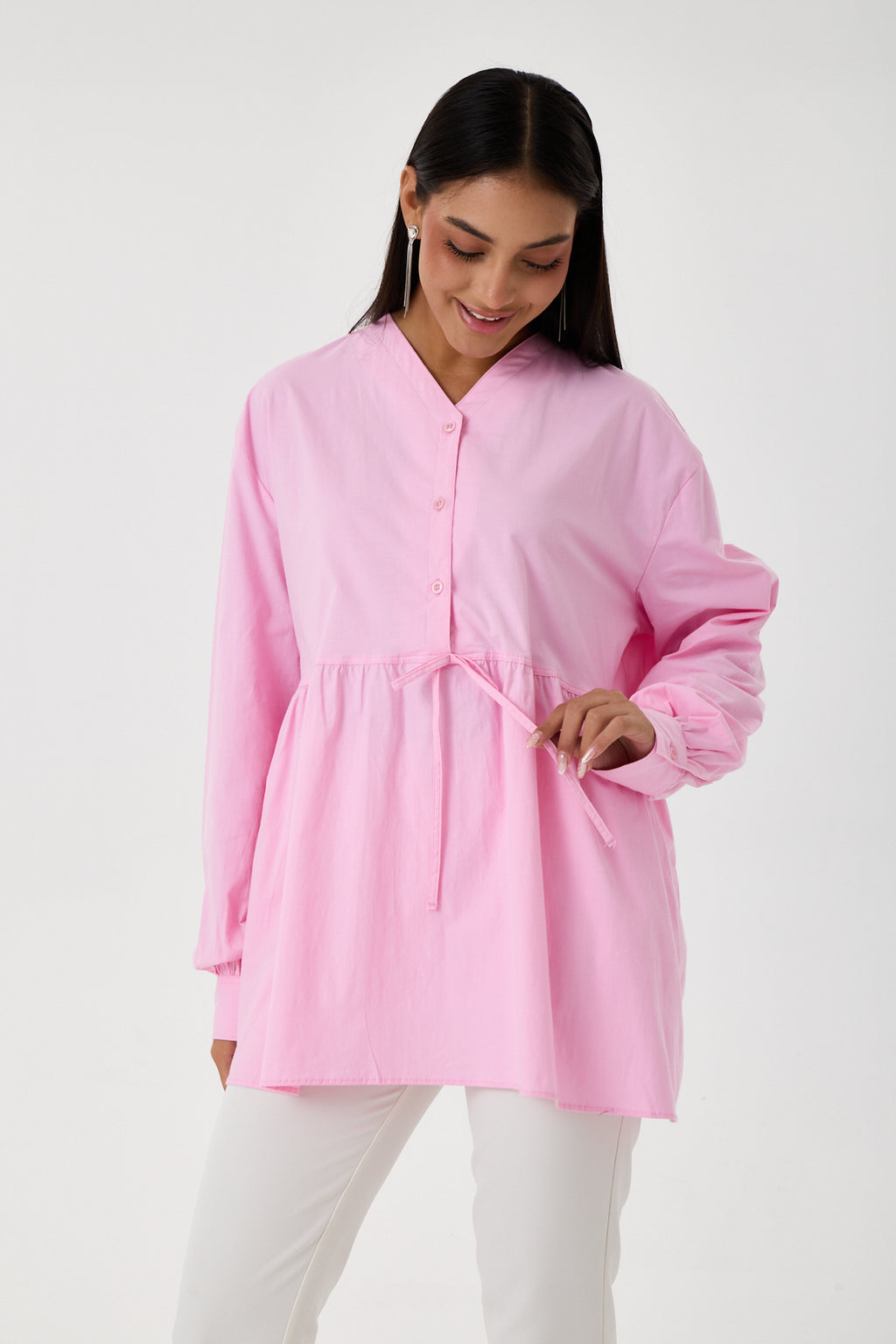 Beli Büzgü Detaylı Oversize Gömlek – Pembe