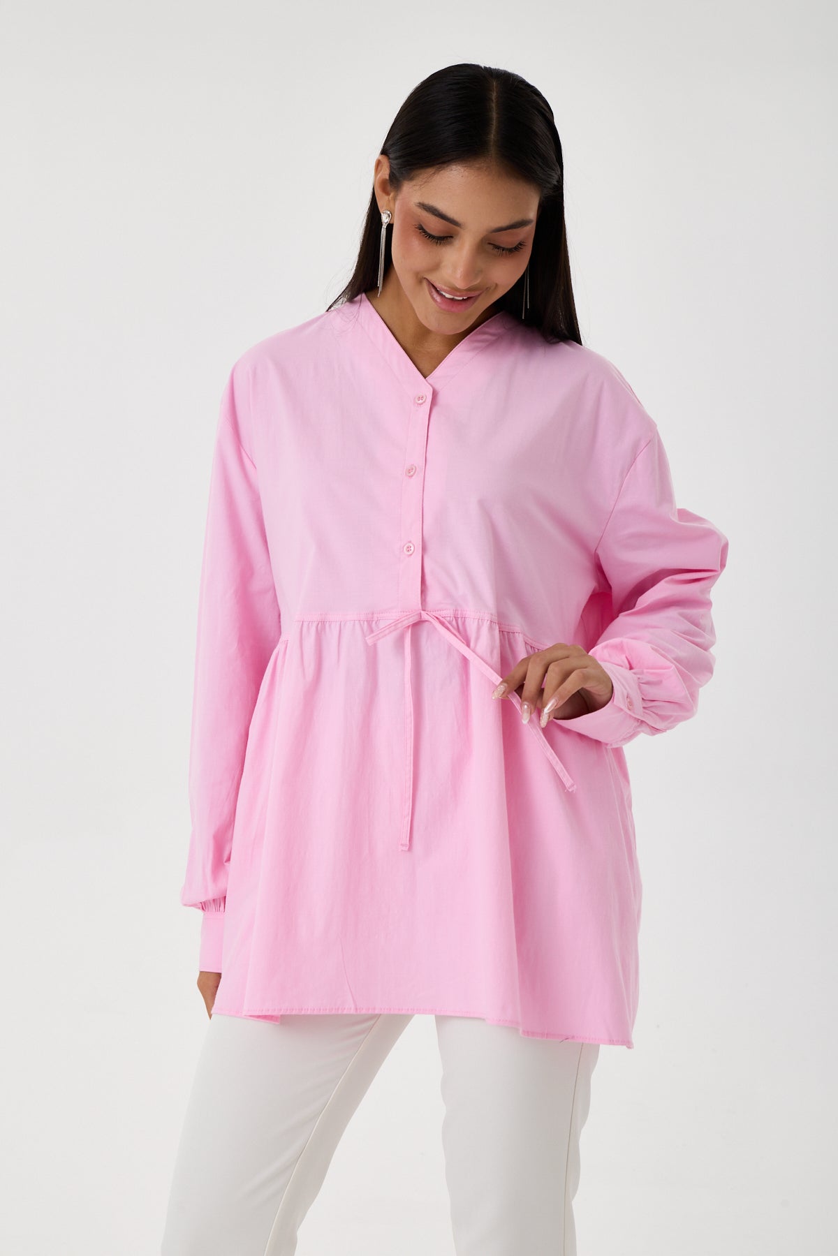 Beli Büzgü Detaylı Oversize Gömlek – Pembe