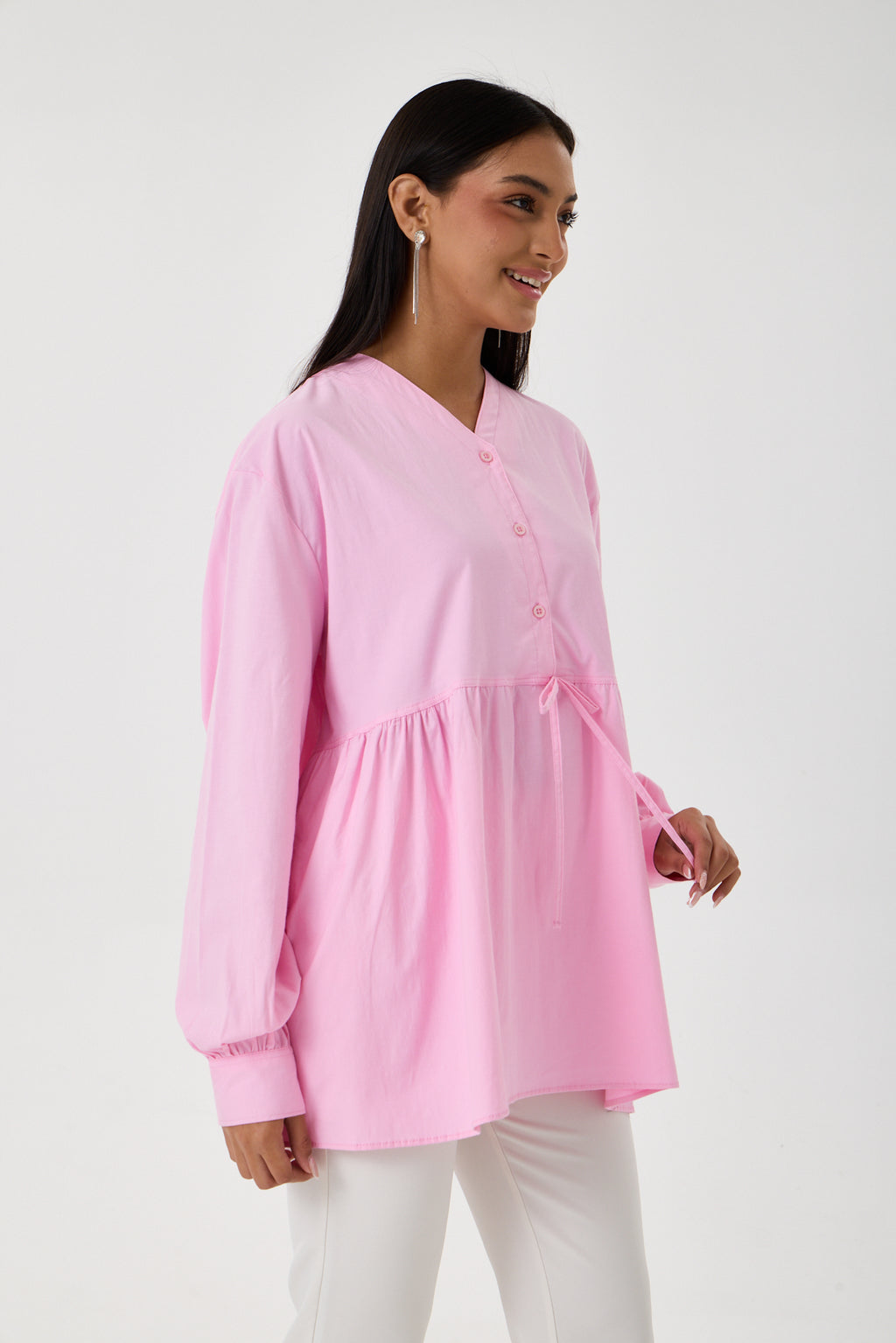 Beli Büzgü Detaylı Oversize Gömlek – Pembe
