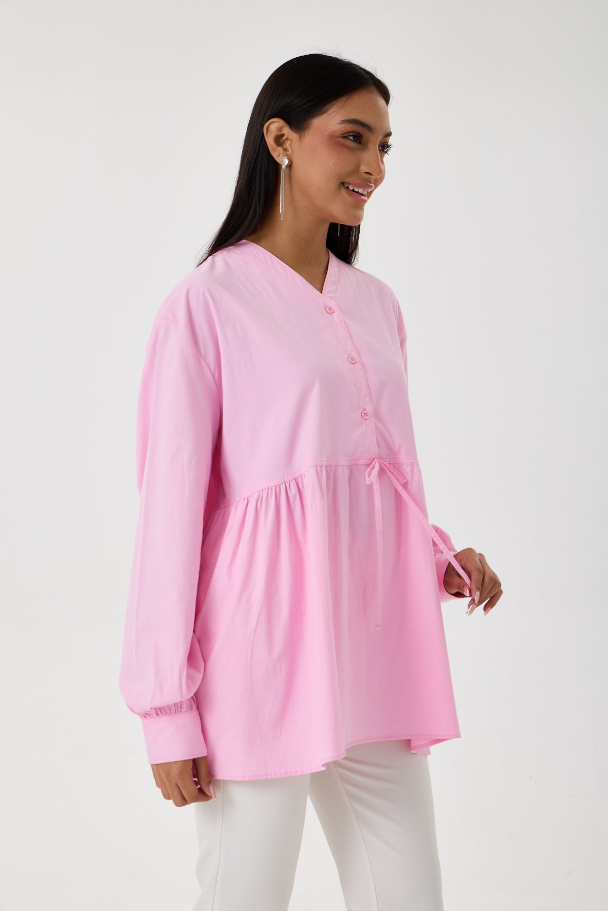 Beli Büzgü Detaylı Oversize Gömlek – Pembe