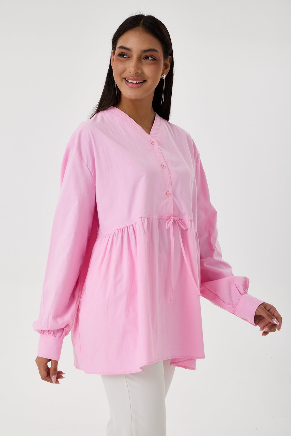 Beli Büzgü Detaylı Oversize Gömlek – Pembe