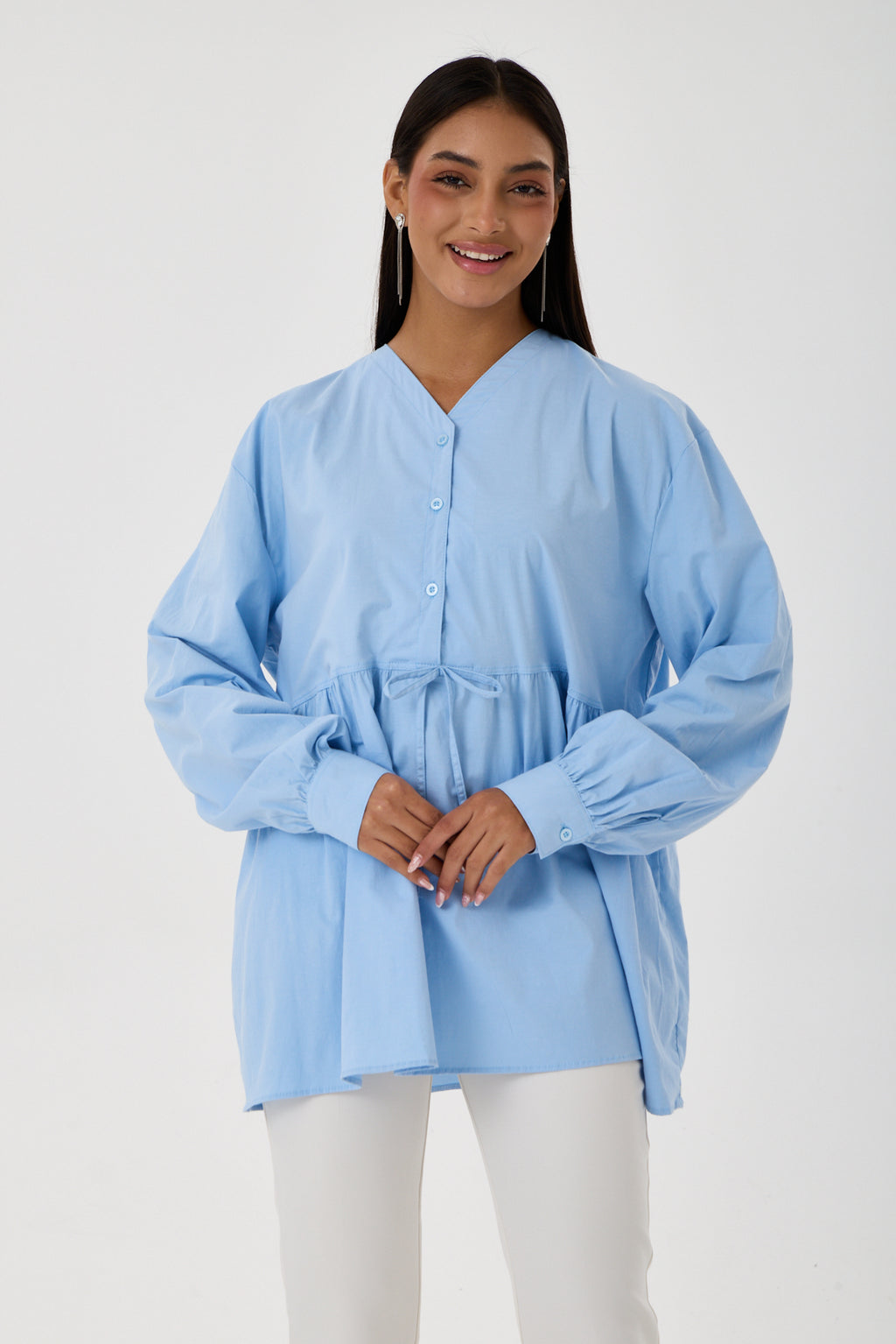 Beli Büzgü Detaylı Oversize Gömlek – Buz Mavisi