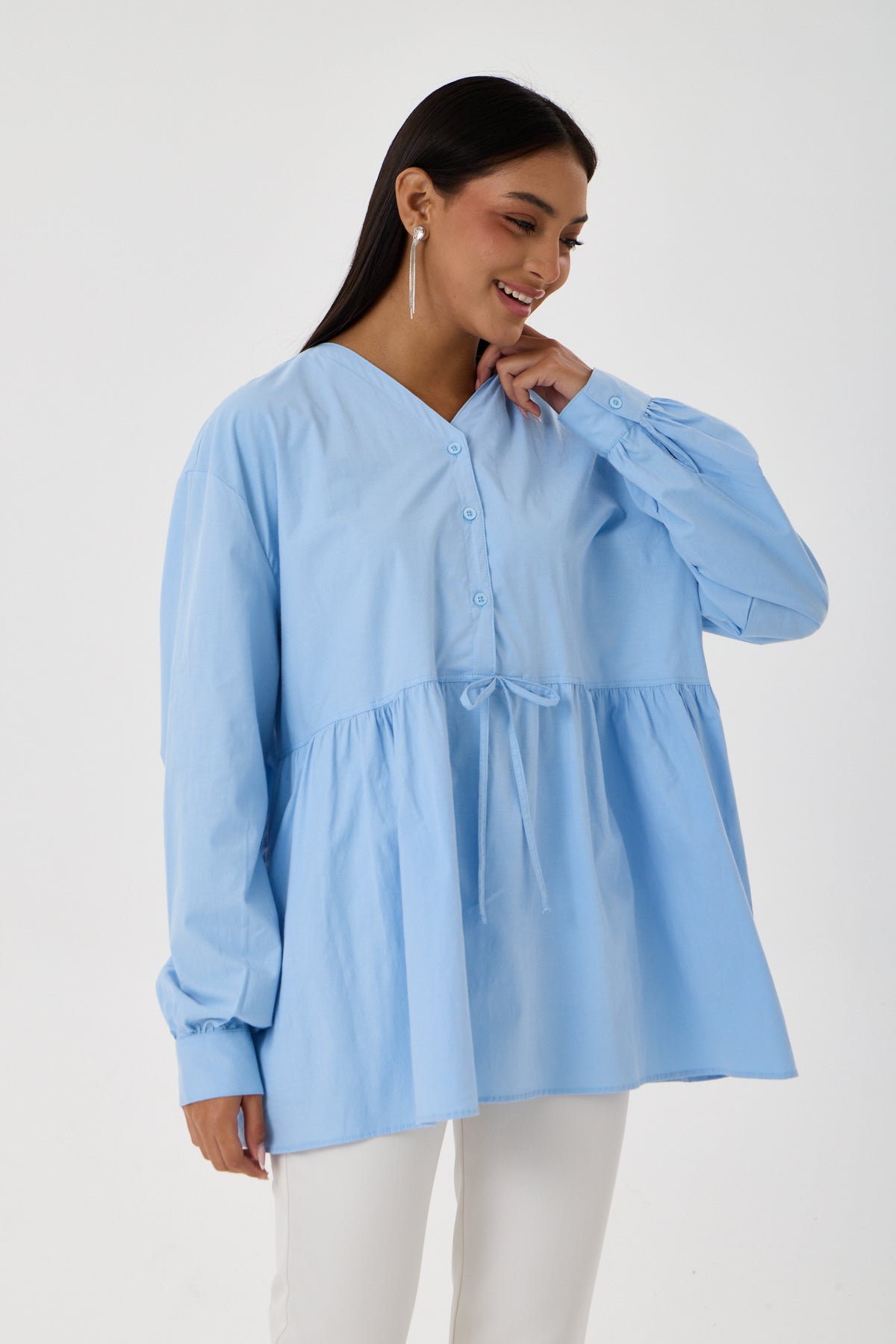 Beli Büzgü Detaylı Oversize Gömlek – Buz Mavisi