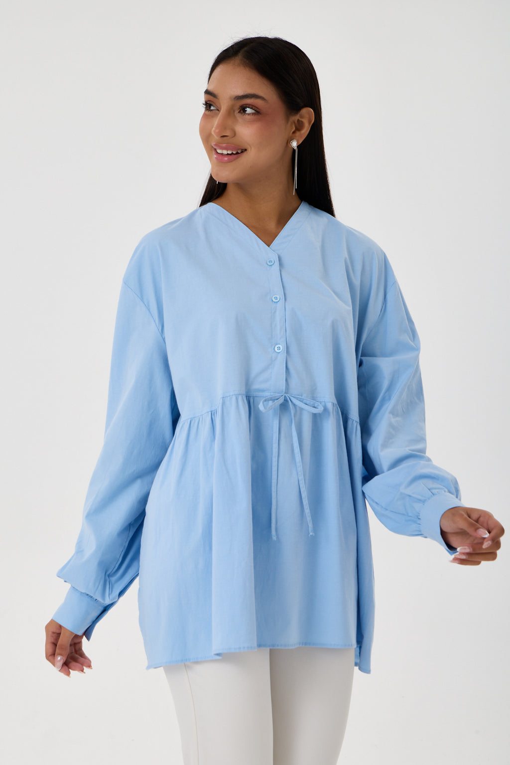 Beli Büzgü Detaylı Oversize Gömlek – Buz Mavisi