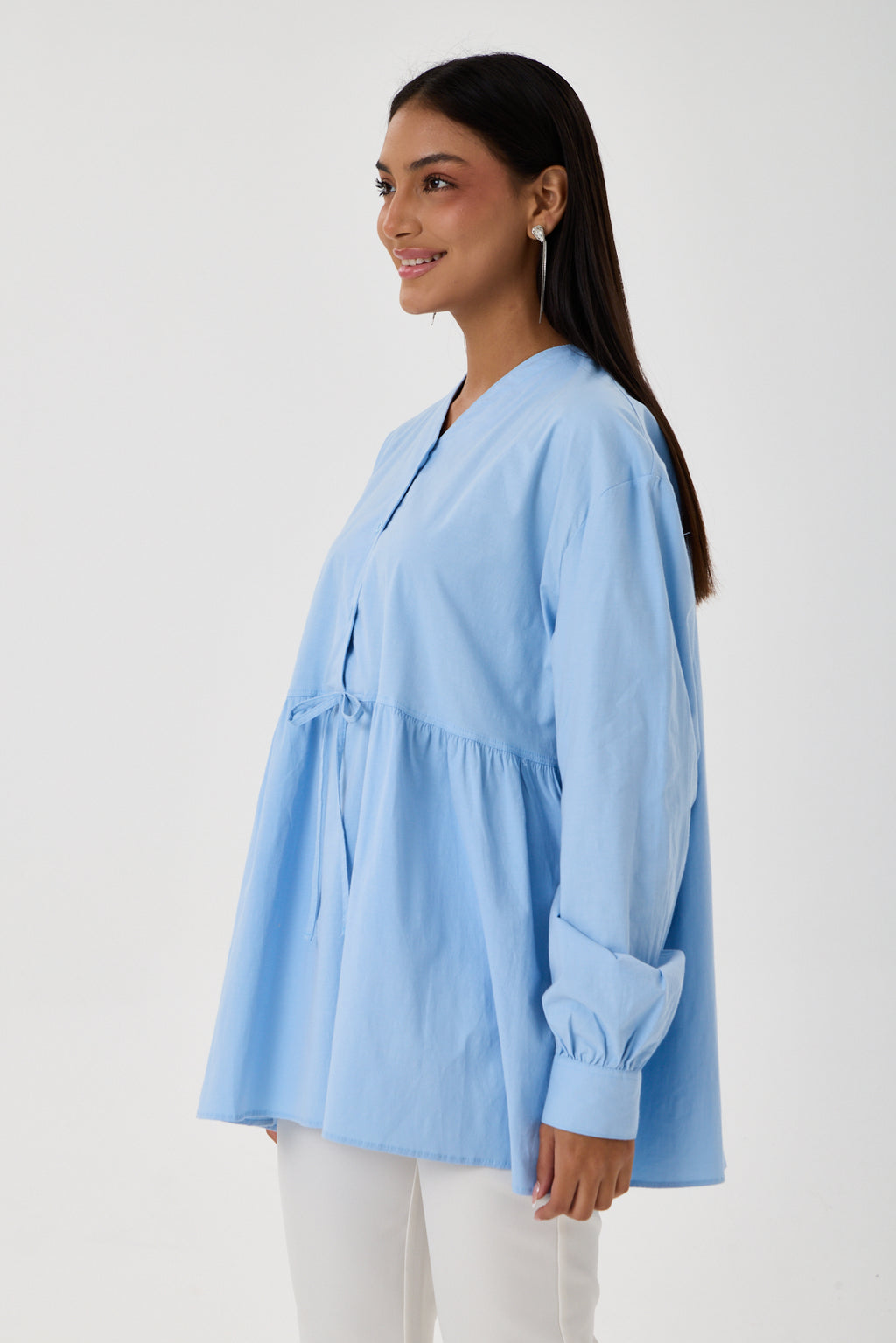 Beli Büzgü Detaylı Oversize Gömlek – Buz Mavisi