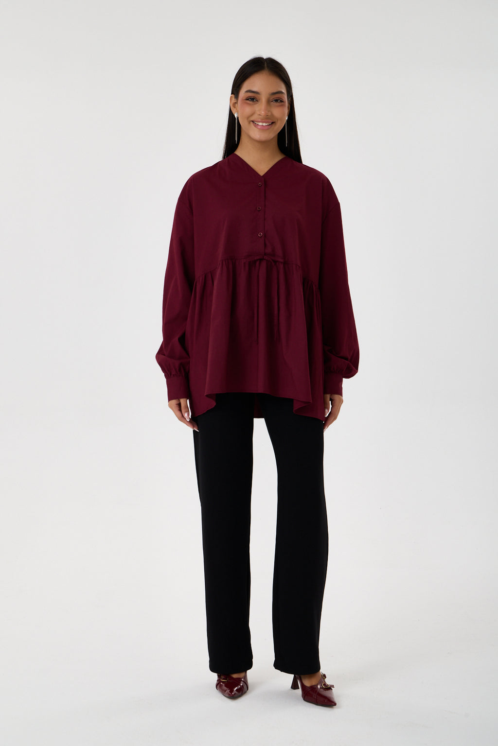 Beli Büzgü Detaylı Oversize Gömlek – Bordo
