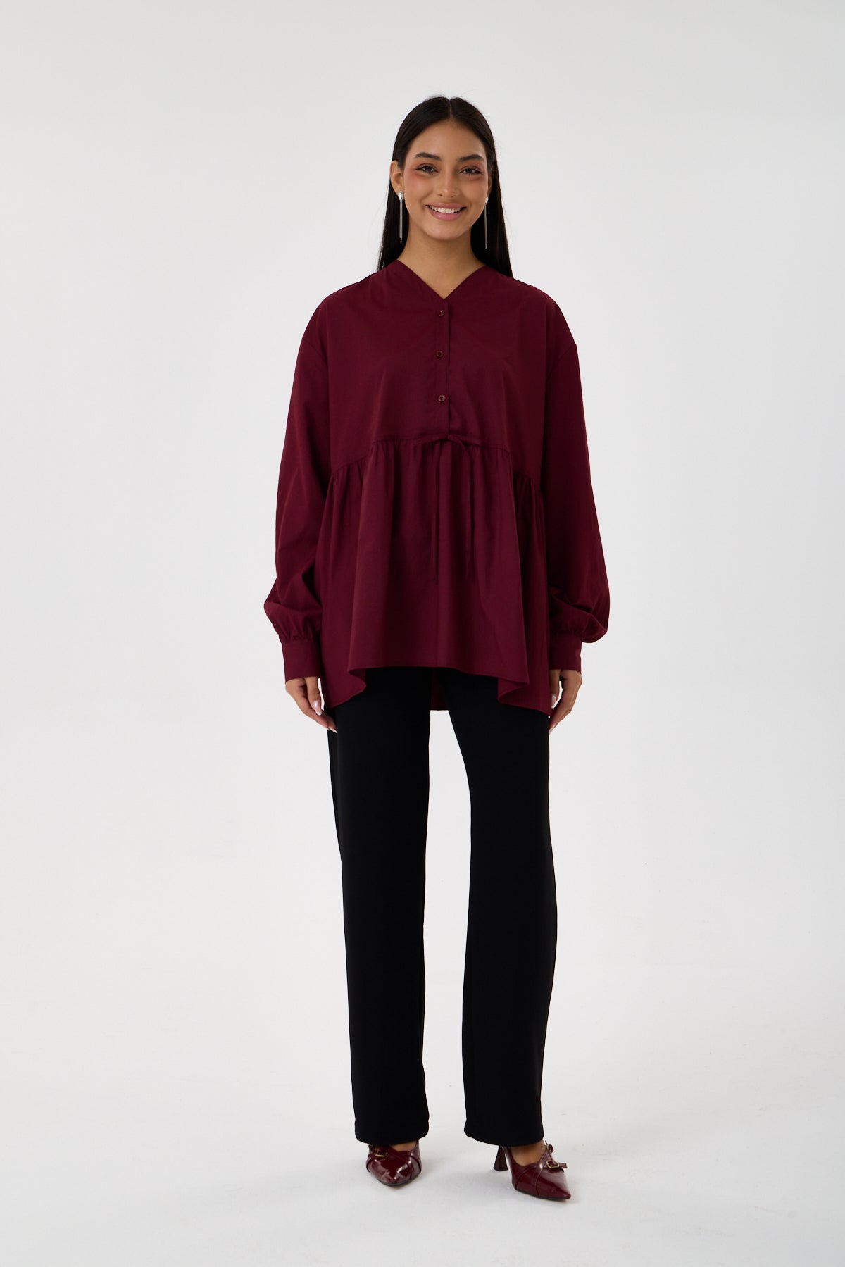 Beli Büzgü Detaylı Oversize Gömlek – Bordo