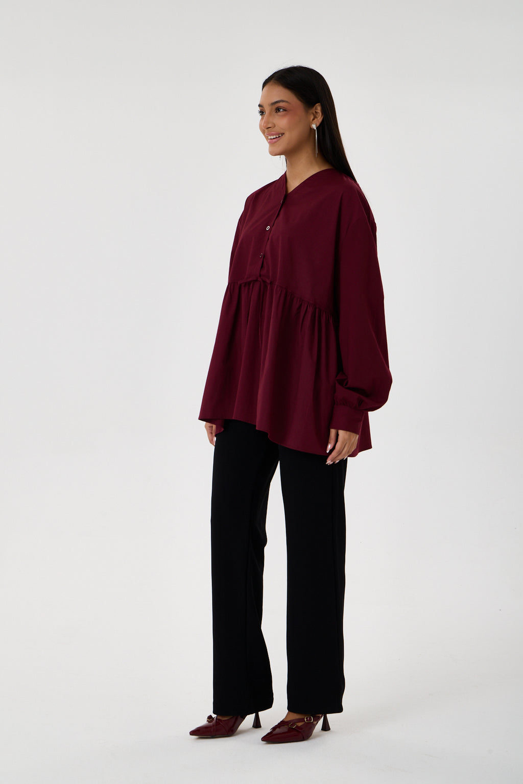Beli Büzgü Detaylı Oversize Gömlek – Bordo