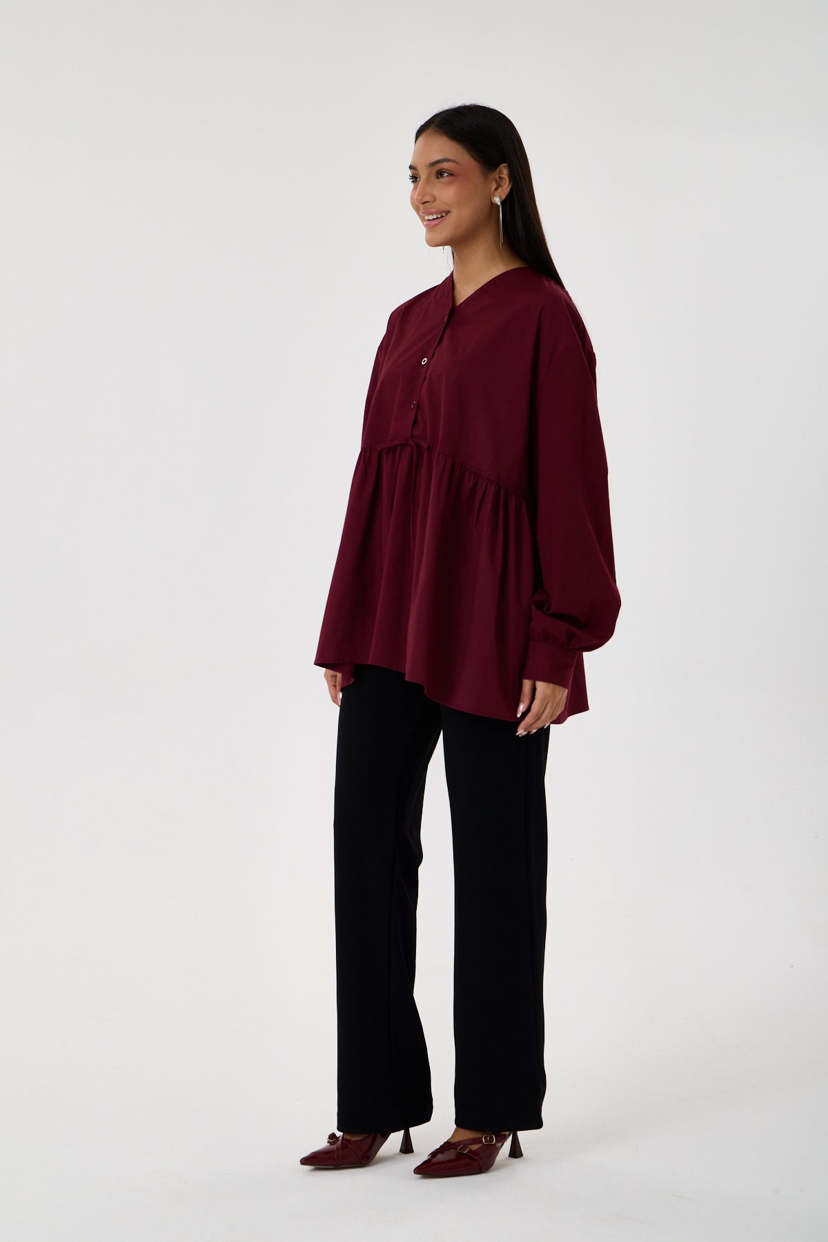 Beli Büzgü Detaylı Oversize Gömlek – Bordo