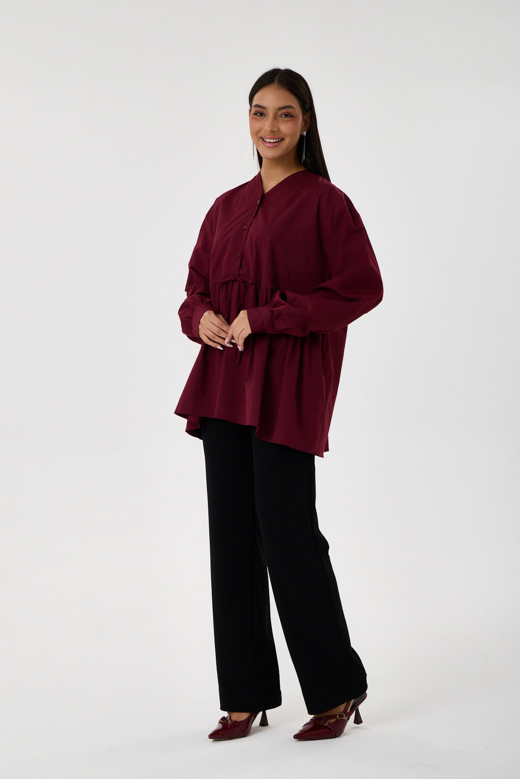 Beli Büzgü Detaylı Oversize Gömlek – Bordo