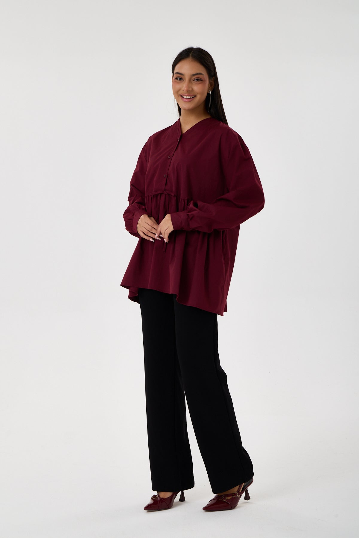 Beli Büzgü Detaylı Oversize Gömlek – Bordo