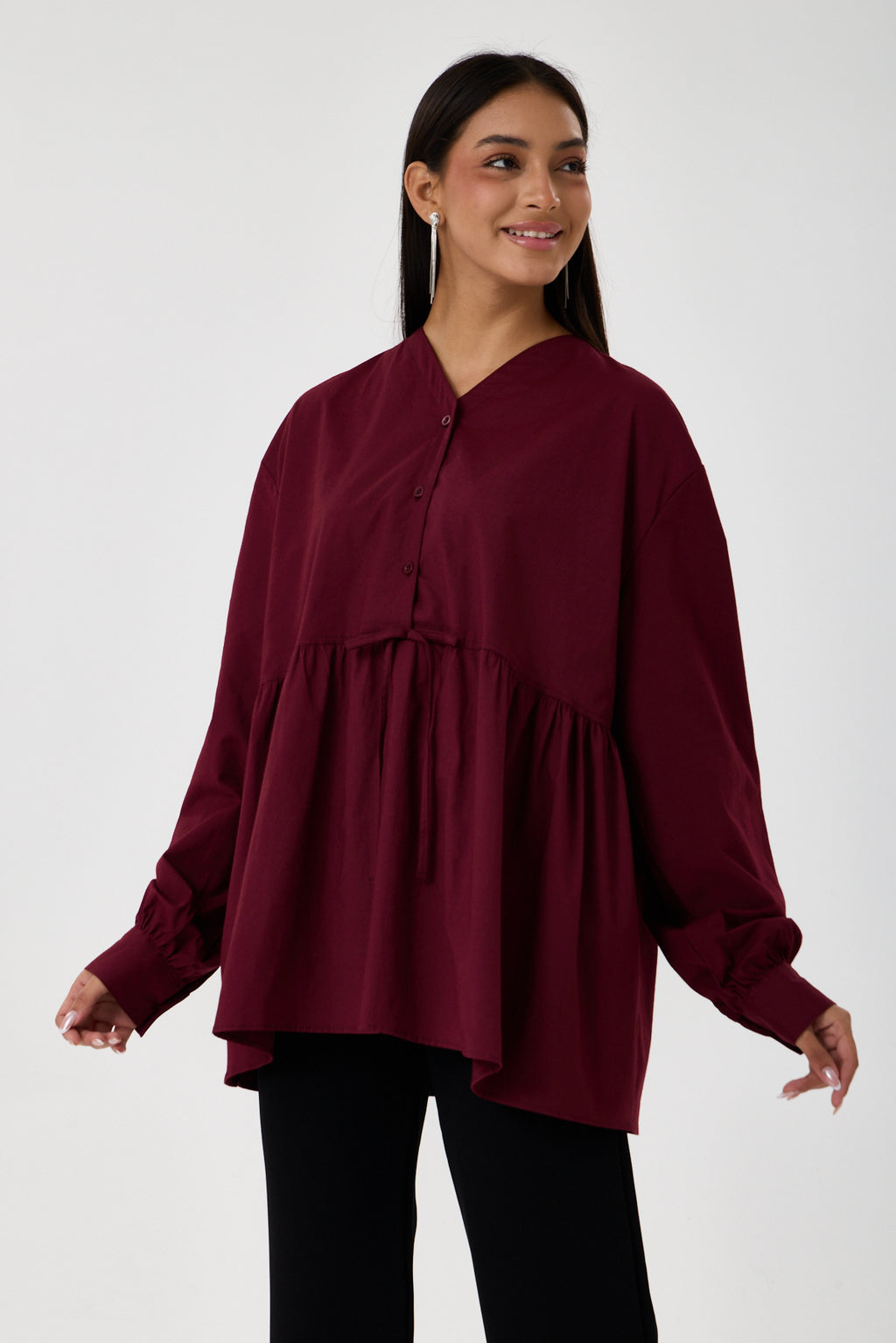 Beli Büzgü Detaylı Oversize Gömlek – Bordo