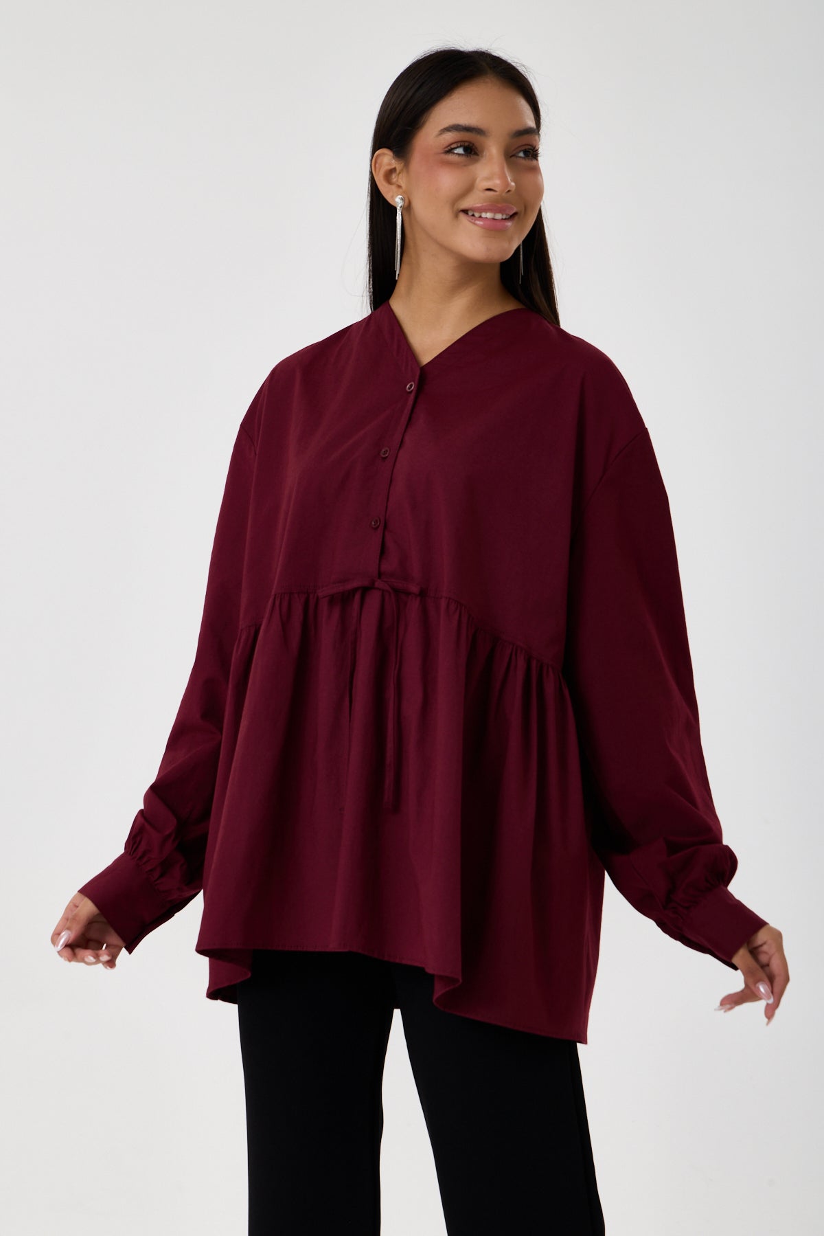 Beli Büzgü Detaylı Oversize Gömlek – Bordo