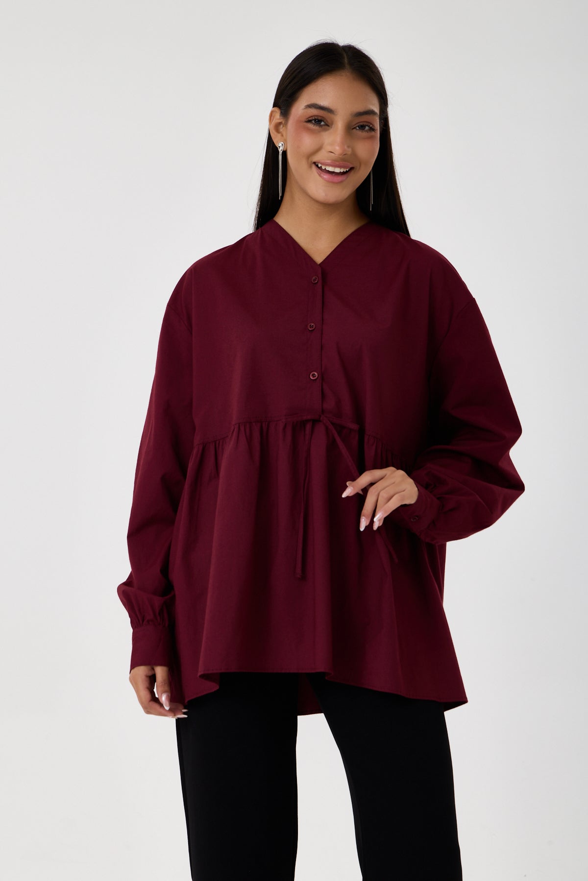 Beli Büzgü Detaylı Oversize Gömlek – Bordo