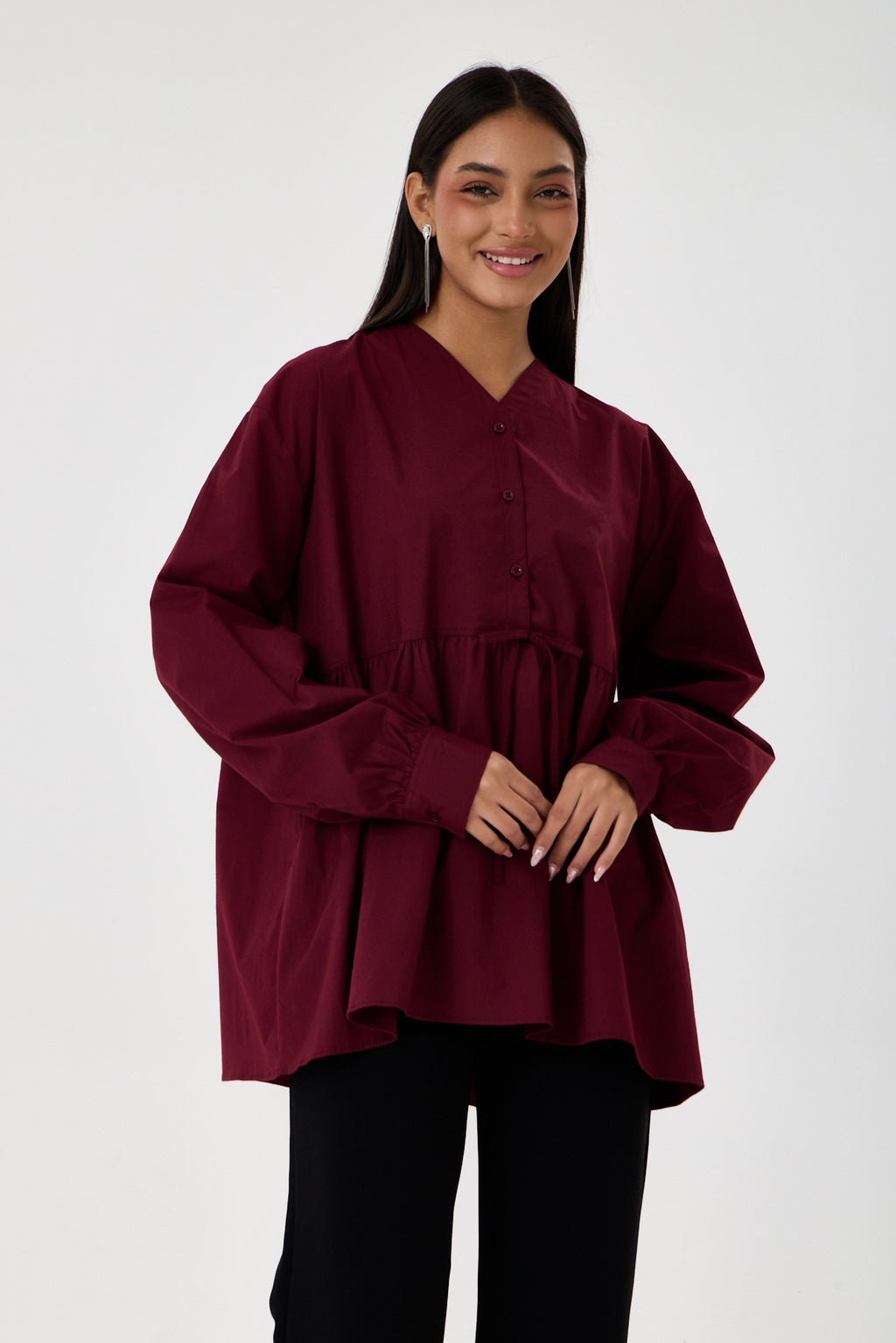 Beli Büzgü Detaylı Oversize Gömlek – Bordo