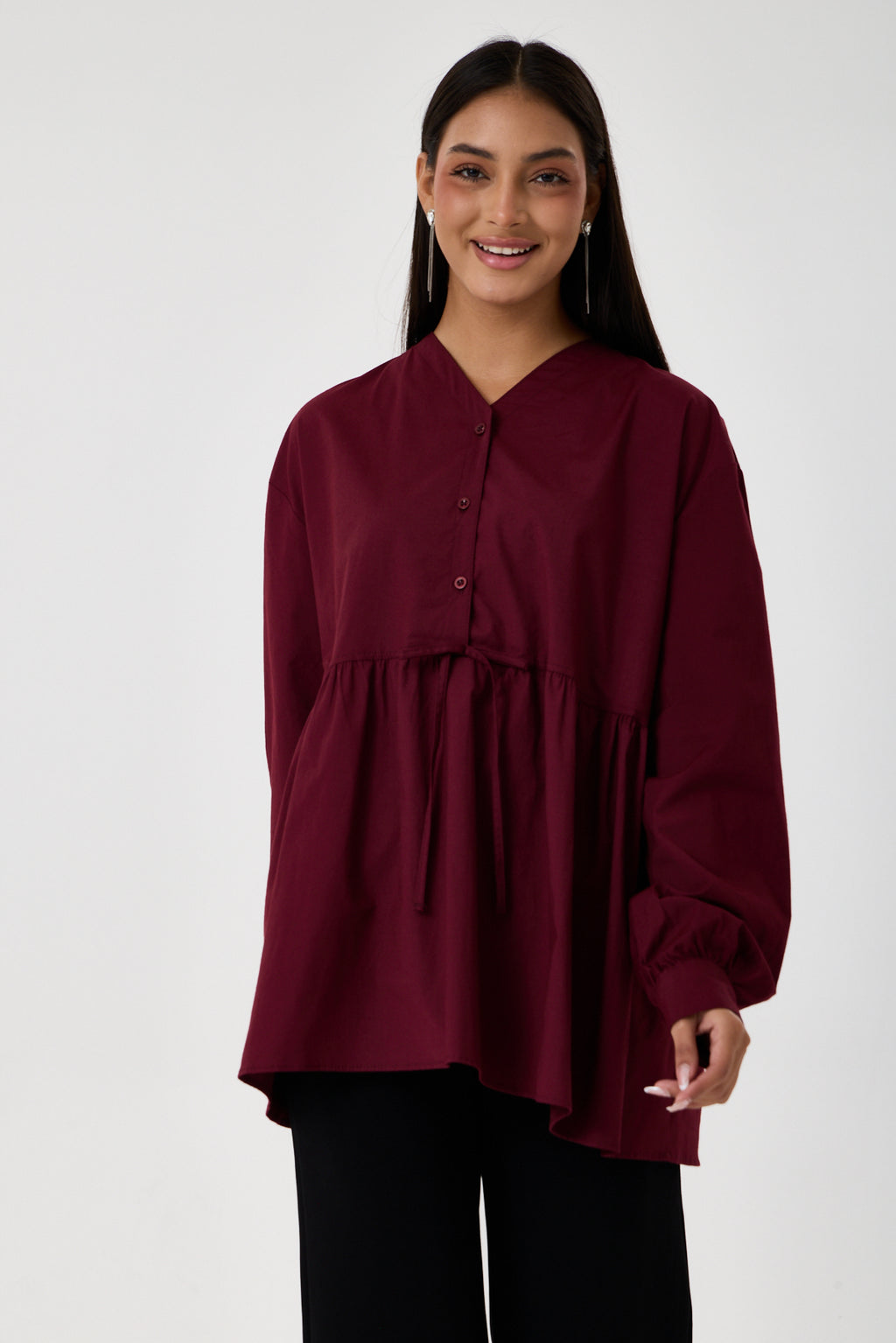 Beli Büzgü Detaylı Oversize Gömlek – Bordo