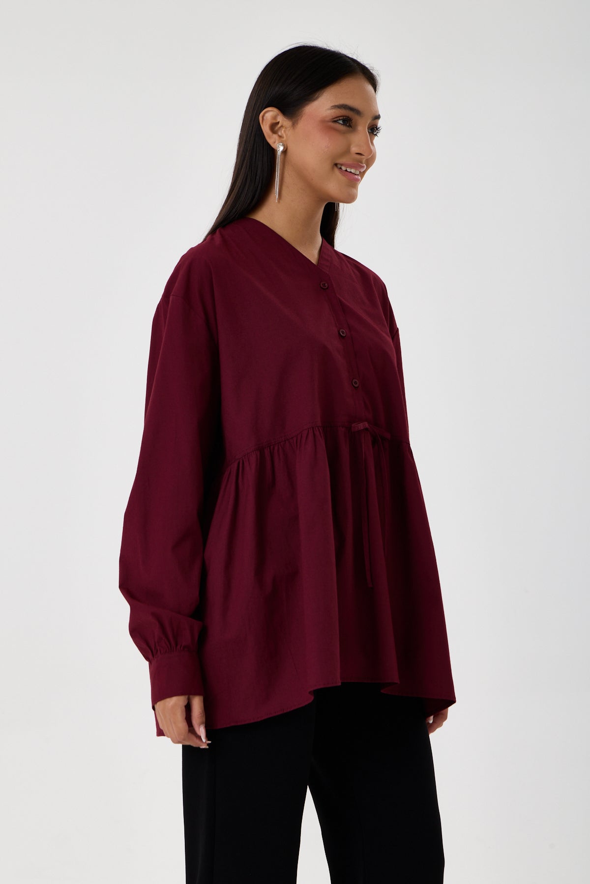 Beli Büzgü Detaylı Oversize Gömlek – Bordo