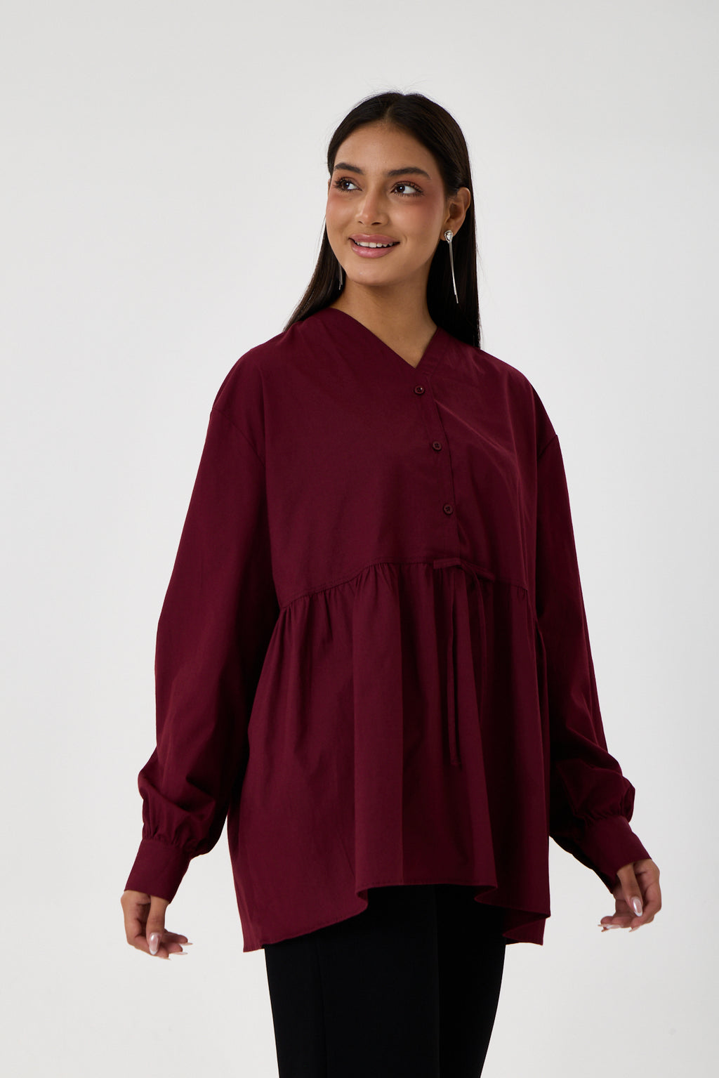 Beli Büzgü Detaylı Oversize Gömlek – Bordo