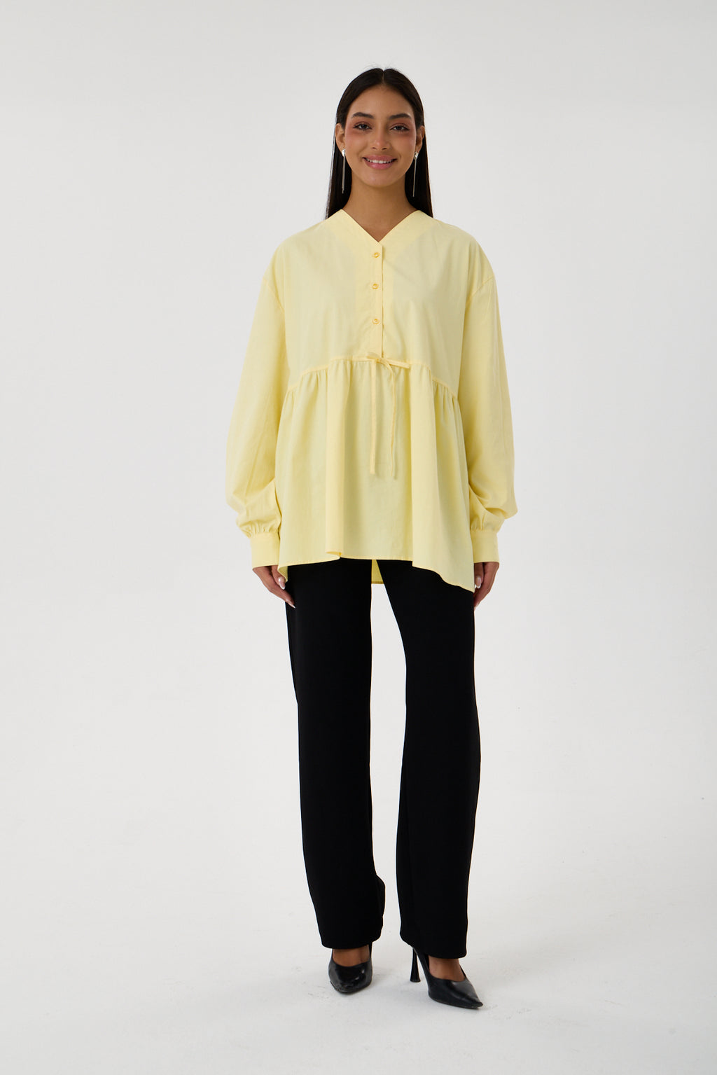 Beli Büzgü Detaylı Oversize Gömlek – Sarı