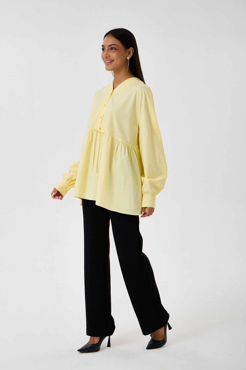 Beli Büzgü Detaylı Oversize Gömlek – Sarı