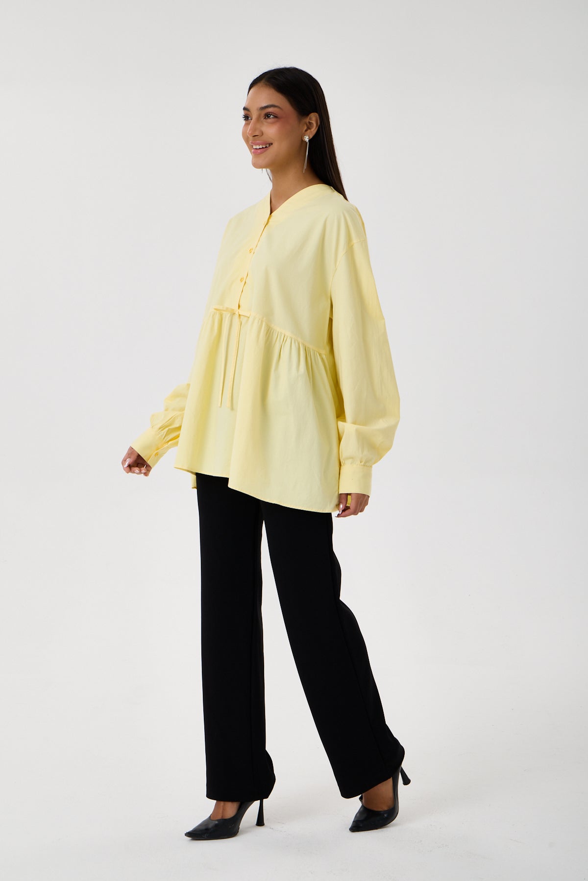 Beli Büzgü Detaylı Oversize Gömlek – Sarı