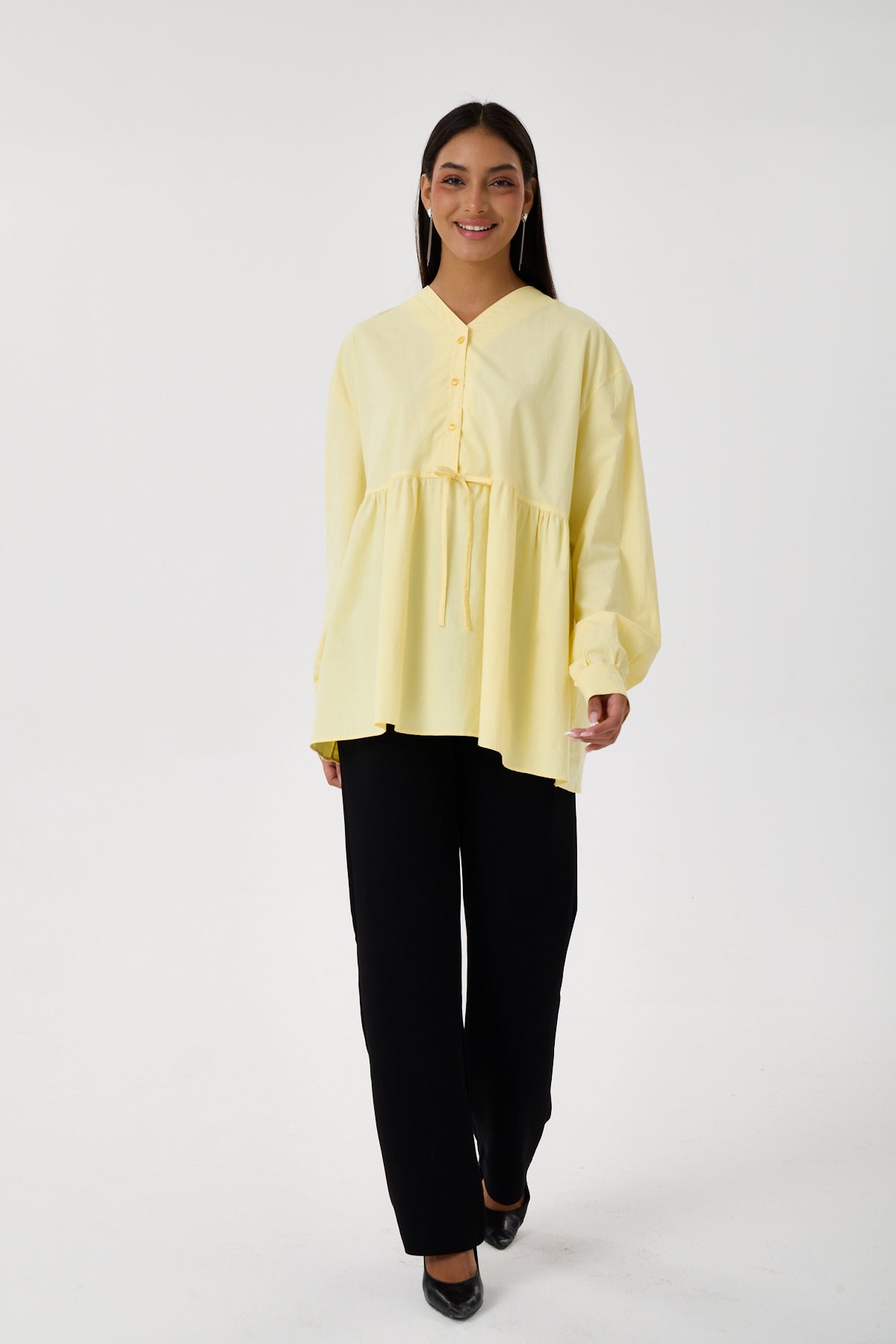 Beli Büzgü Detaylı Oversize Gömlek – Sarı