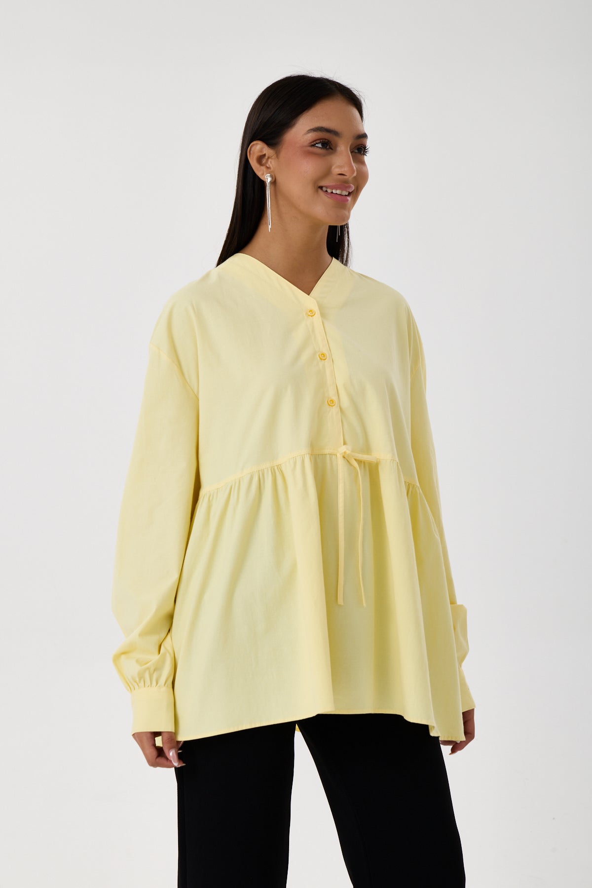 Beli Büzgü Detaylı Oversize Gömlek – Sarı