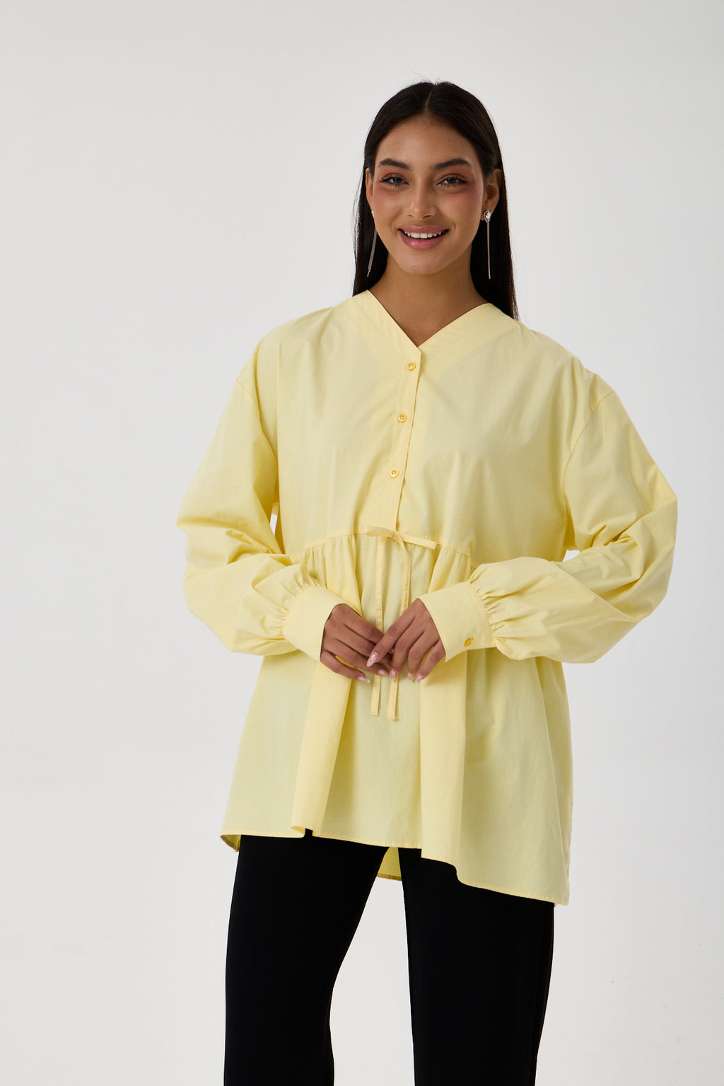 Beli Büzgü Detaylı Oversize Gömlek – Sarı