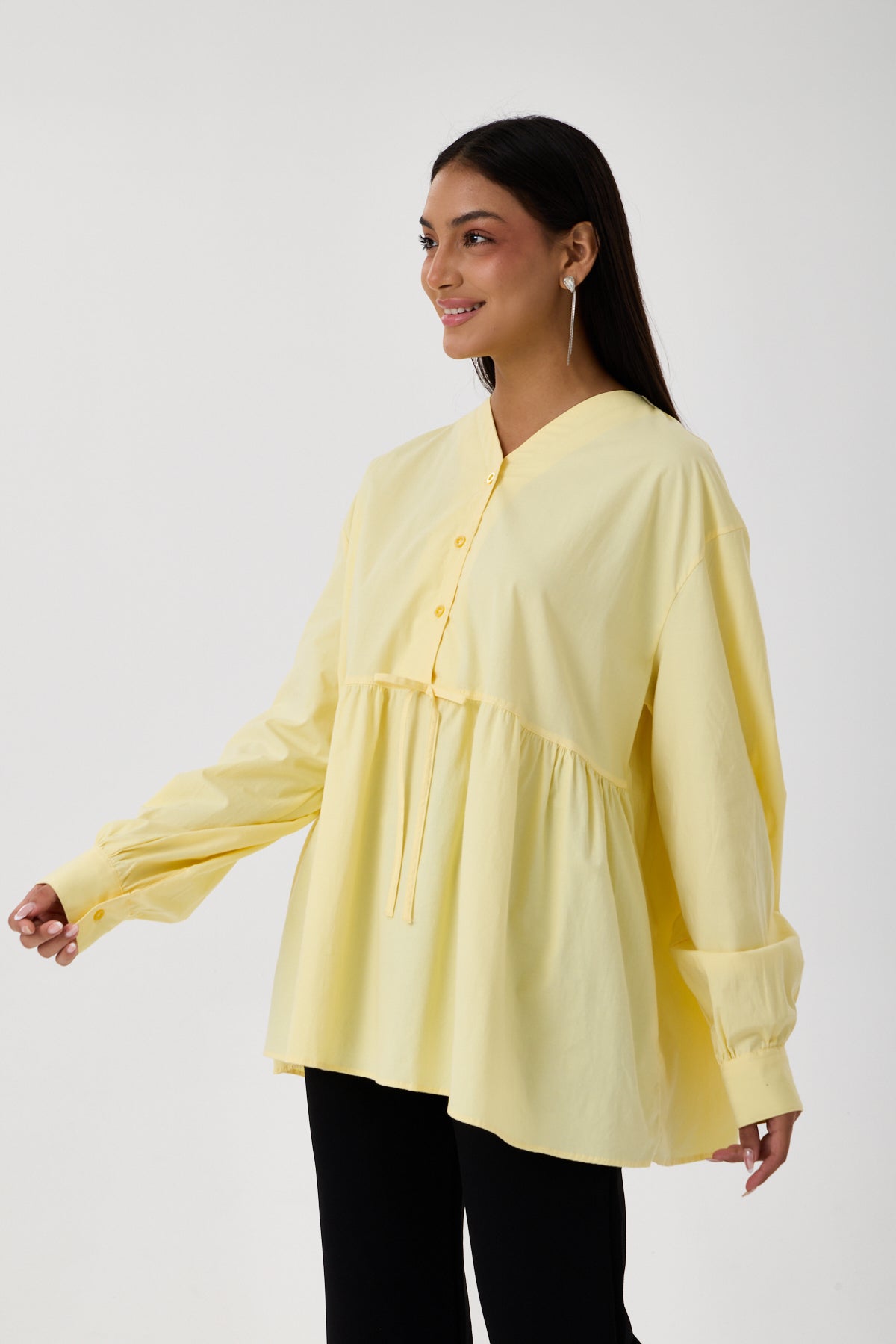 Beli Büzgü Detaylı Oversize Gömlek – Sarı